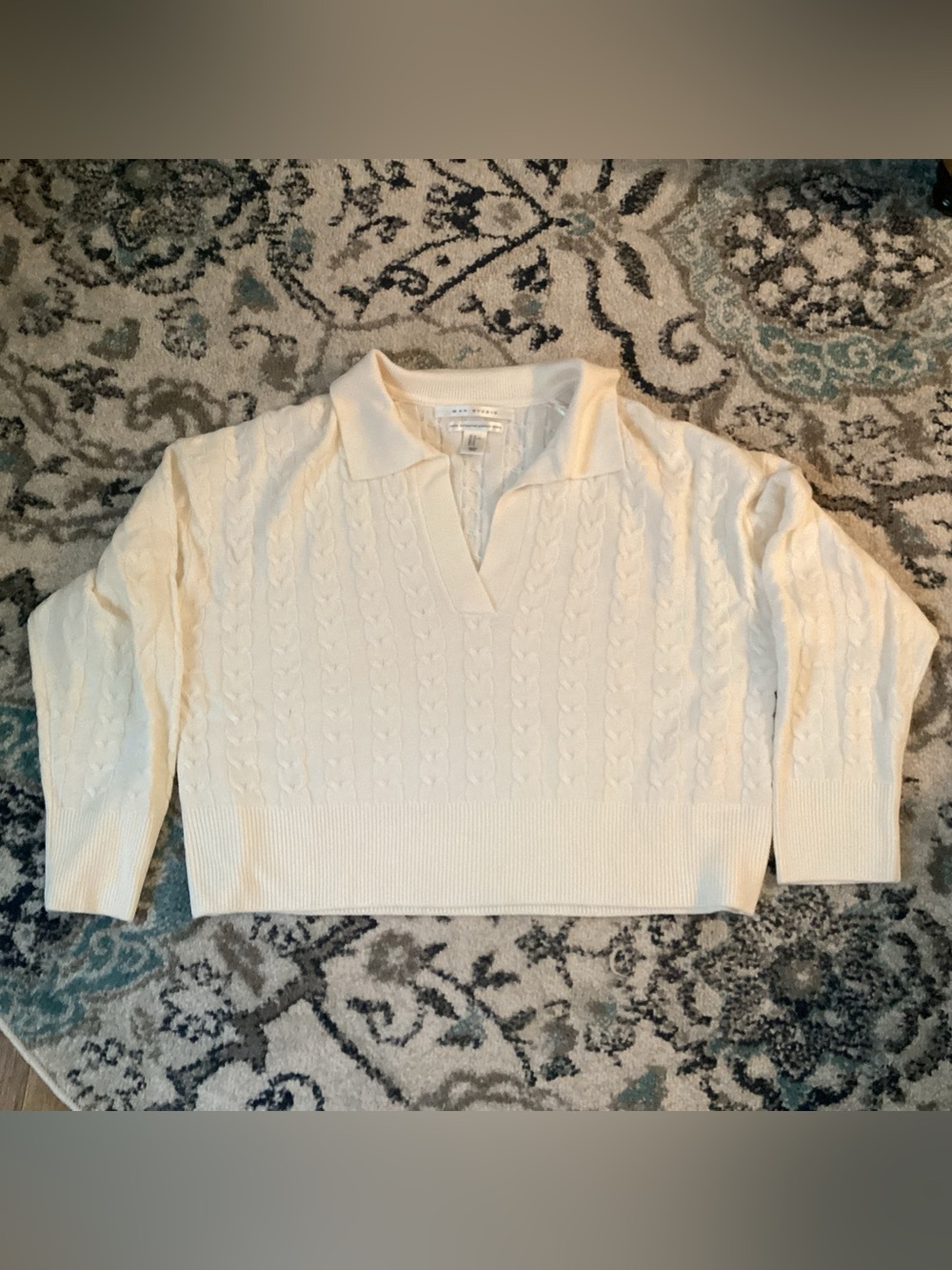 Max Studio Cream Cable-Knit V-Neck Polo Sweater